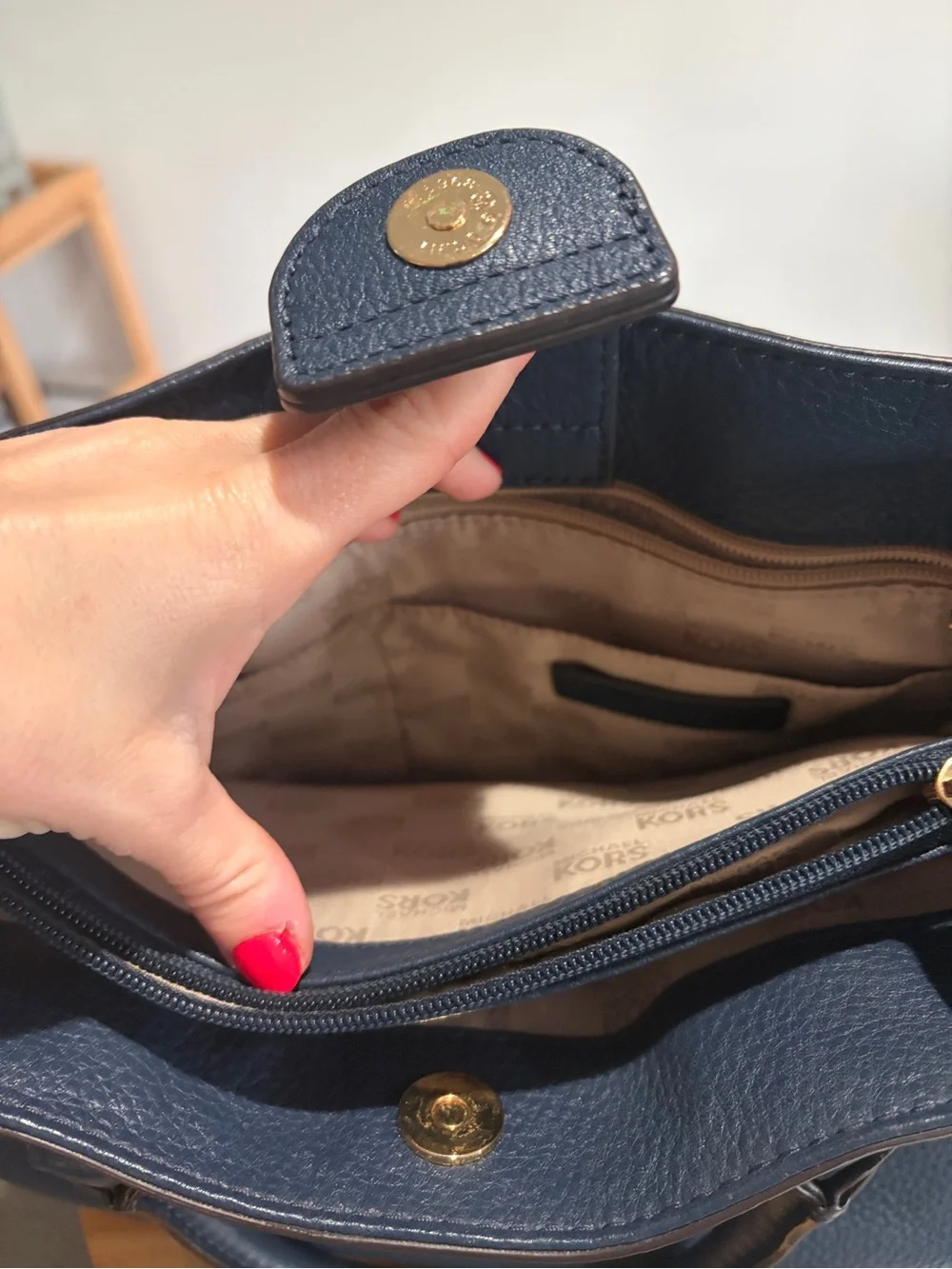 Michael Kors Dark Navy Pebbled Leather Satchel with Gold-Tone Hardware
